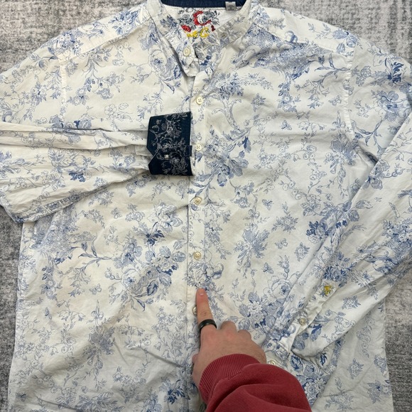 Robert Graham Shirt Men Large White Blue Floral Band Collar Flip Cuff Art Party - Picture 3 of 14